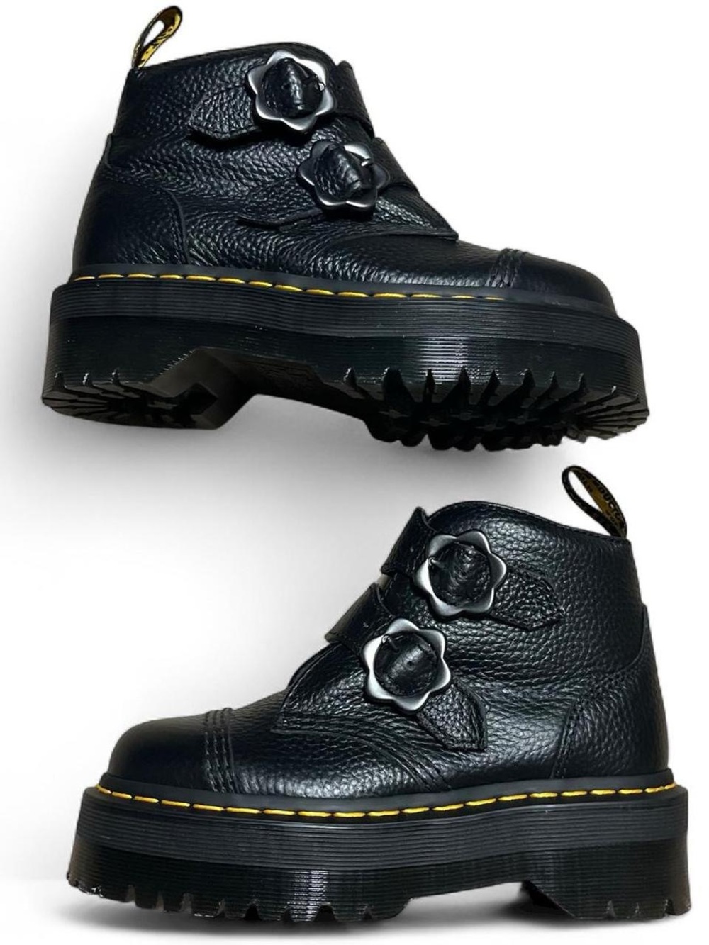 NEW Dr. Martens Devon Black Leather Flower Buckle Platform Boots